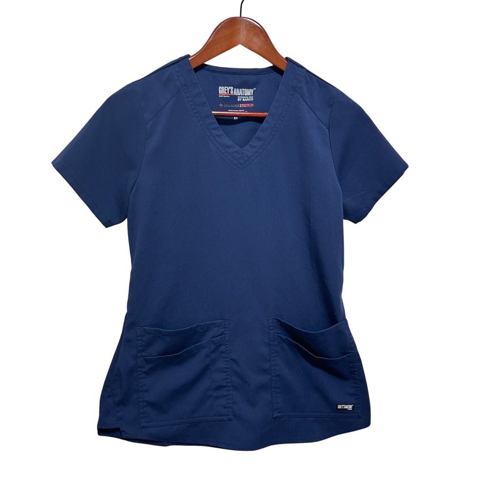 Greys Anatomy Womens Scrub Top XS Navy Stretch Medical Nurse Utility Uniform